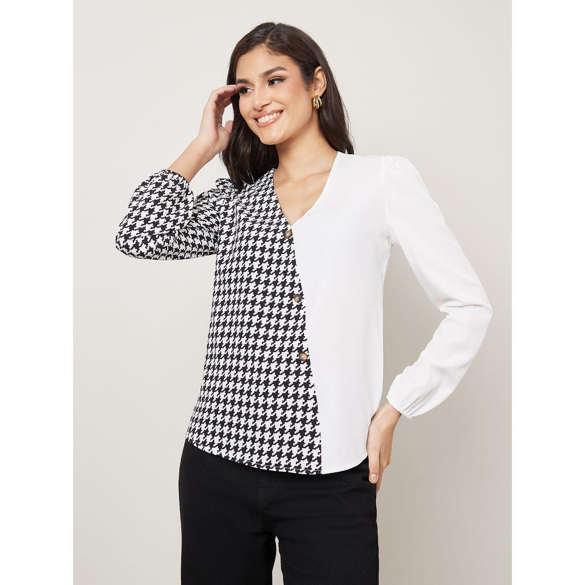 Styli Houndstooth Pattern V Neck Blouse with Button Detail-women-clothing-shirtsandblouses-blouses-image-1