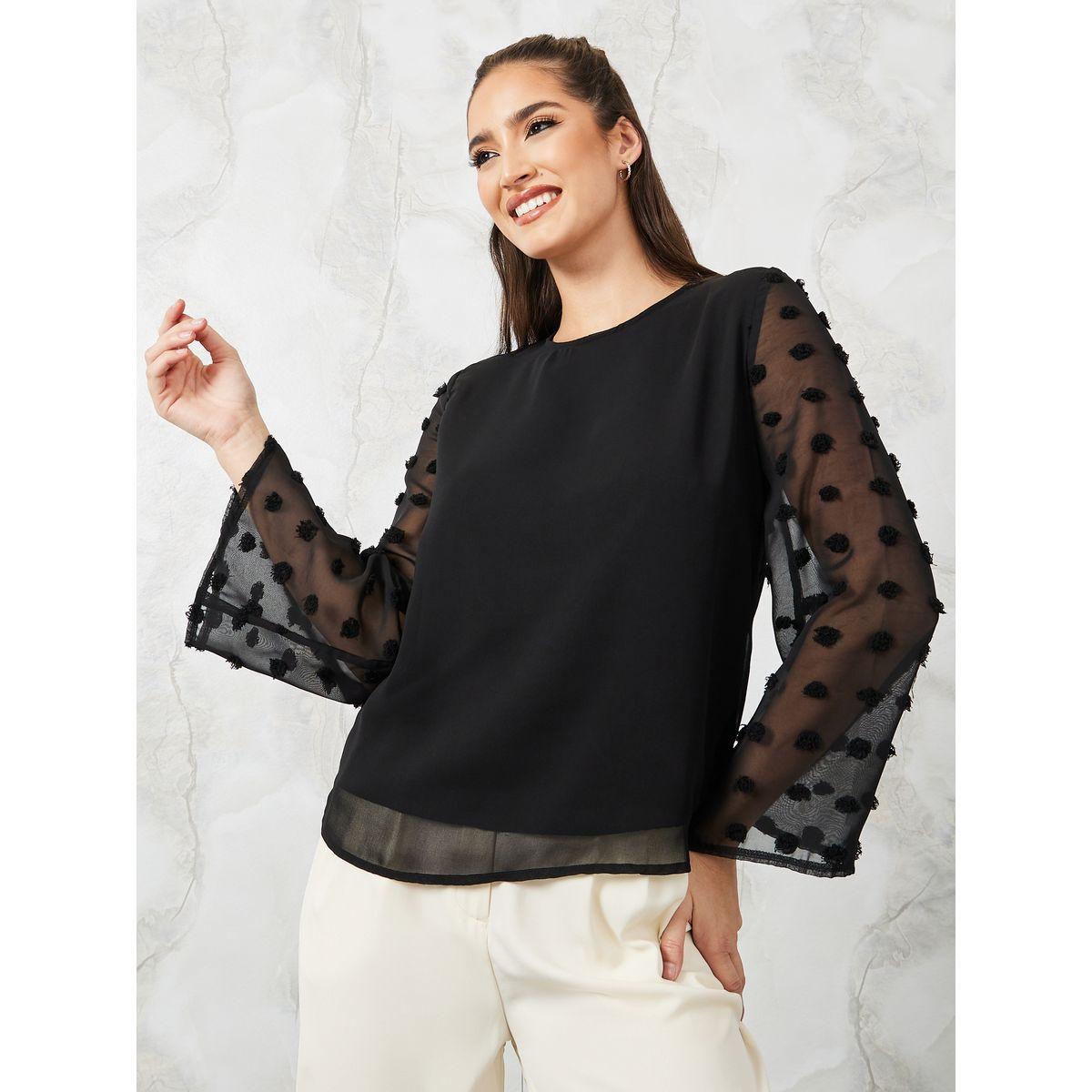 Styli Dobby Flute Sleeve Round Neck Blouse-women-clothing-shirtsandblouses-blouses-image-1