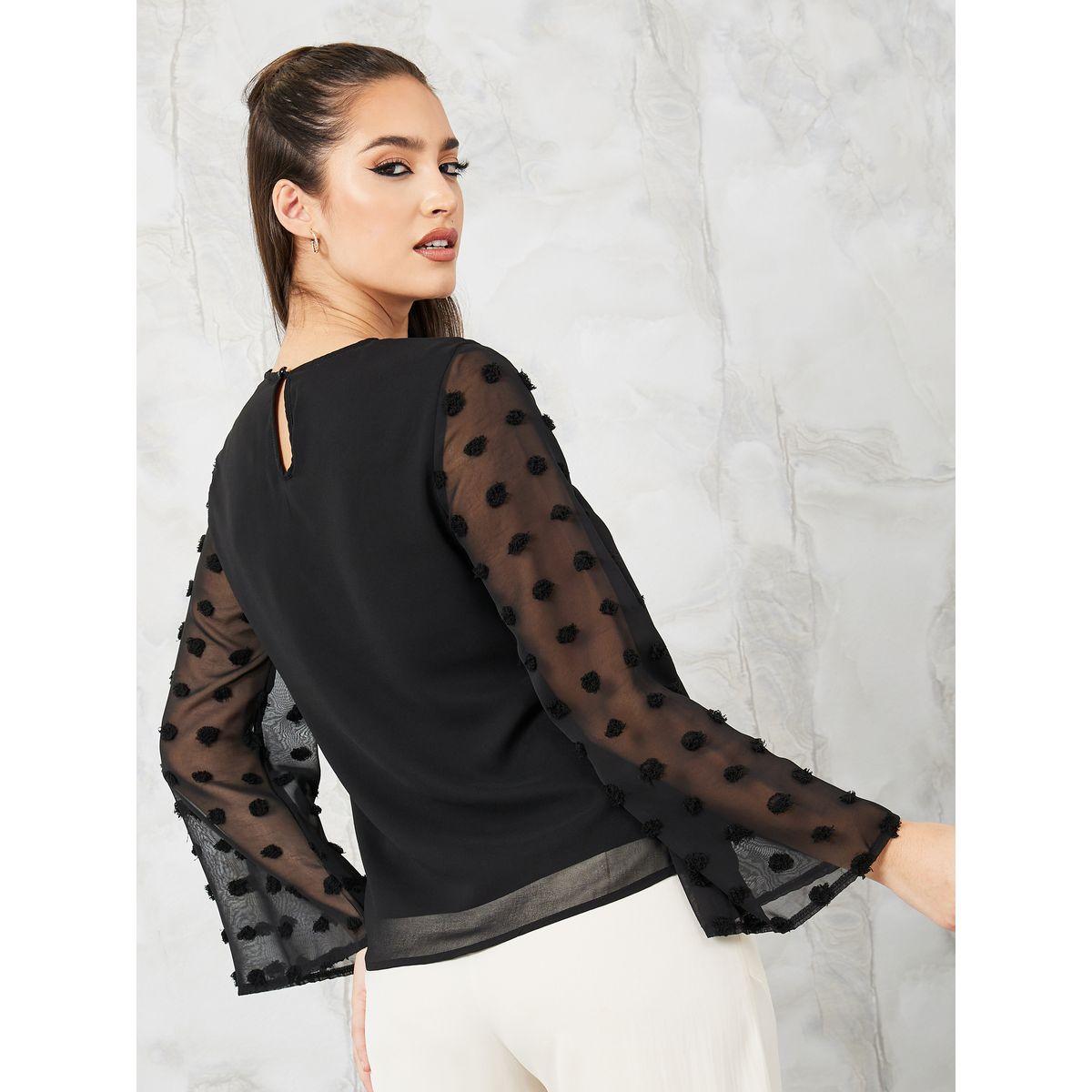 Styli Dobby Flute Sleeve Round Neck Blouse-women-clothing-shirtsandblouses-blouses-image-4
