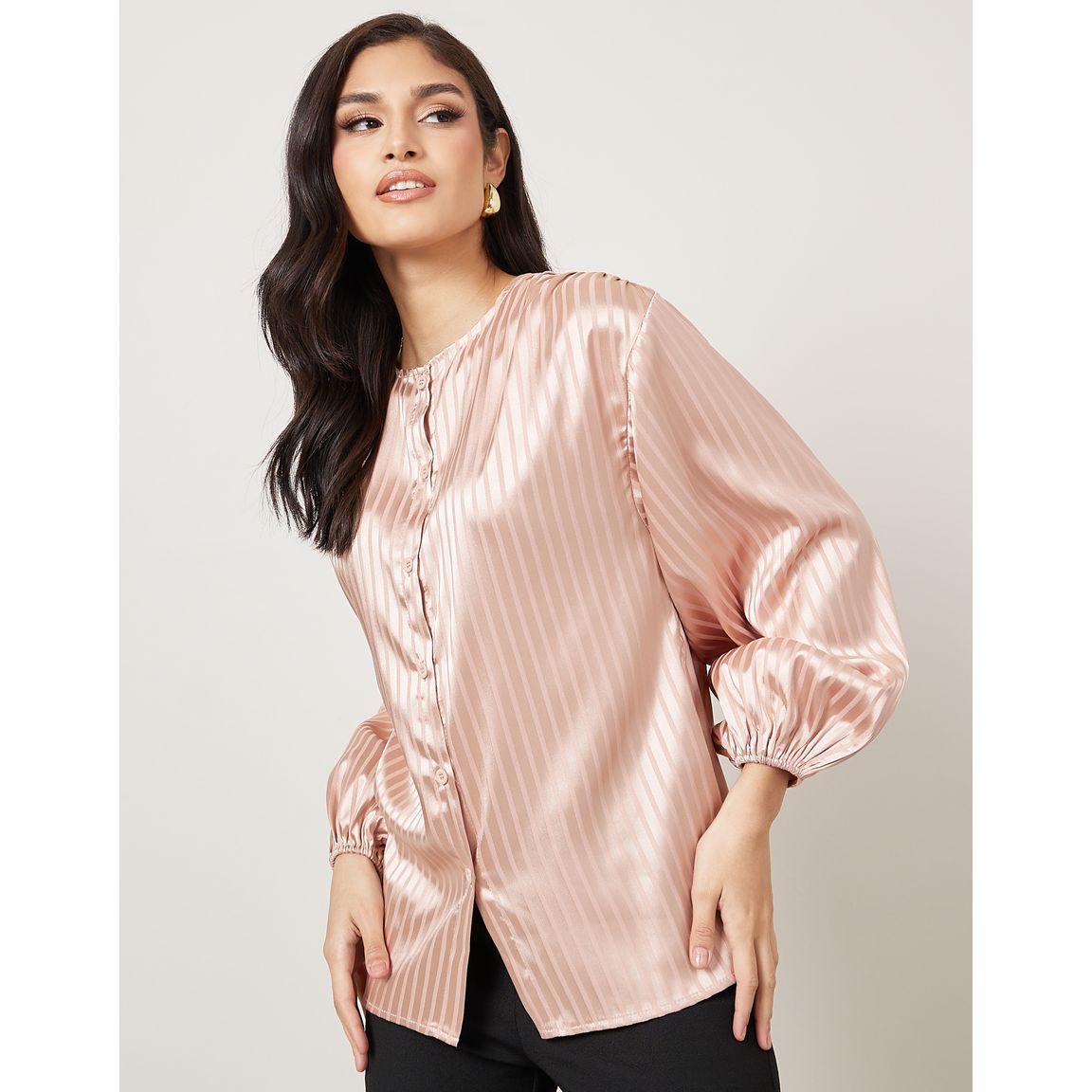 Styli Striped Pattern Volume Sleeve Satin Blouse-women-clothing-shirtsandblouses-blouses-image-1