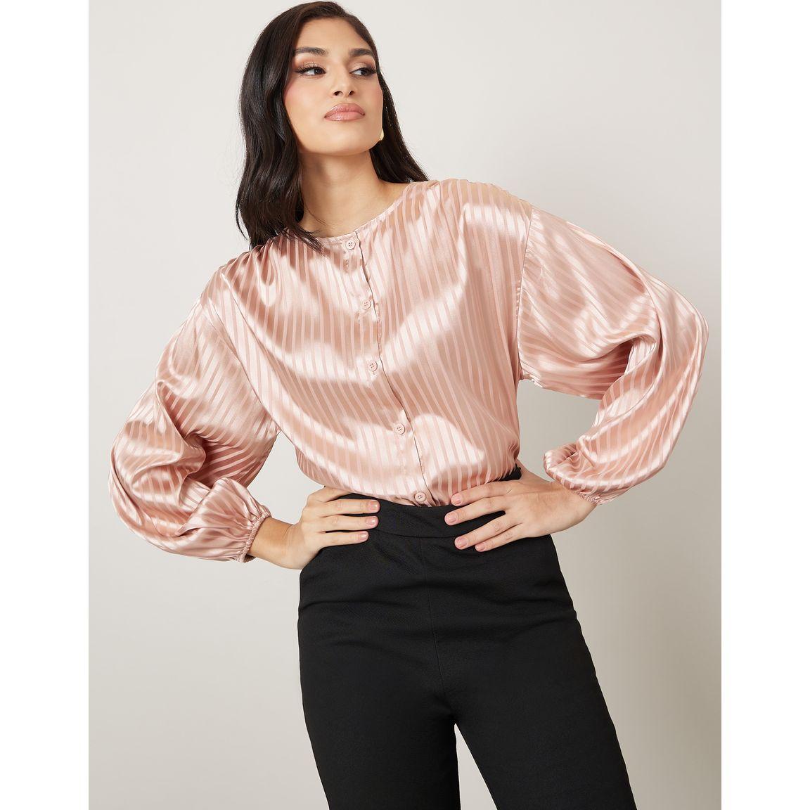 Styli Striped Pattern Volume Sleeve Satin Blouse-women-clothing-shirtsandblouses-blouses-image-3