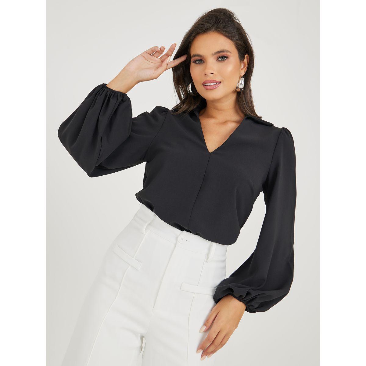 Styli V Neck Cutaway Collar Balloon Sleeves Shirt-women-clothing-shirtsandblouses-shirts-image-1