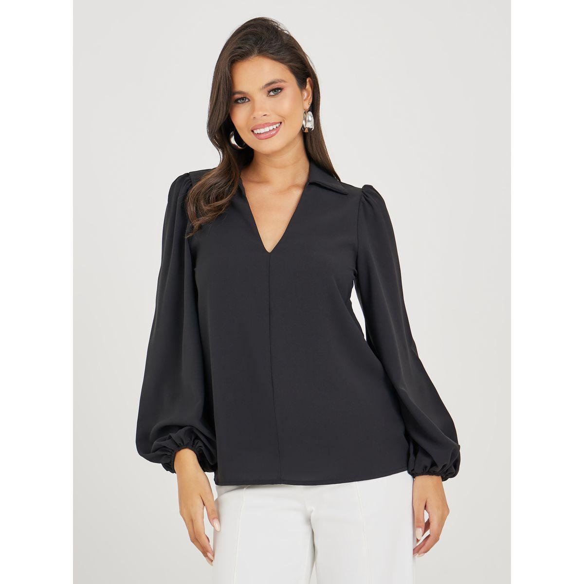Styli V Neck Cutaway Collar Balloon Sleeves Shirt-women-clothing-shirtsandblouses-shirts-image-3