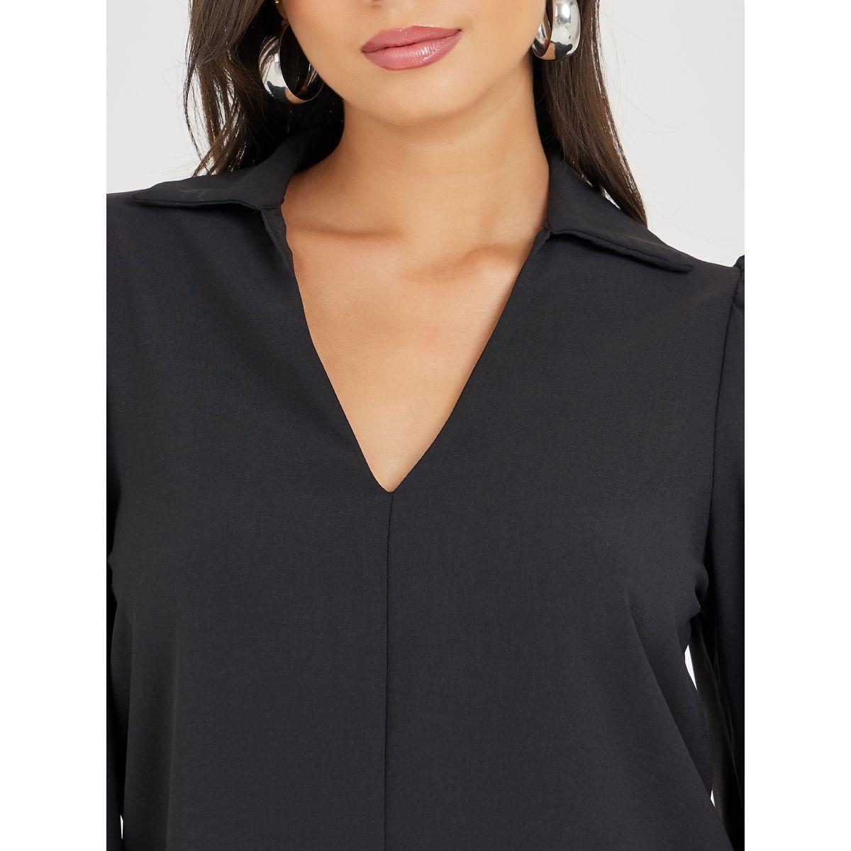 Styli V Neck Cutaway Collar Balloon Sleeves Shirt-women-clothing-shirtsandblouses-shirts-image-4