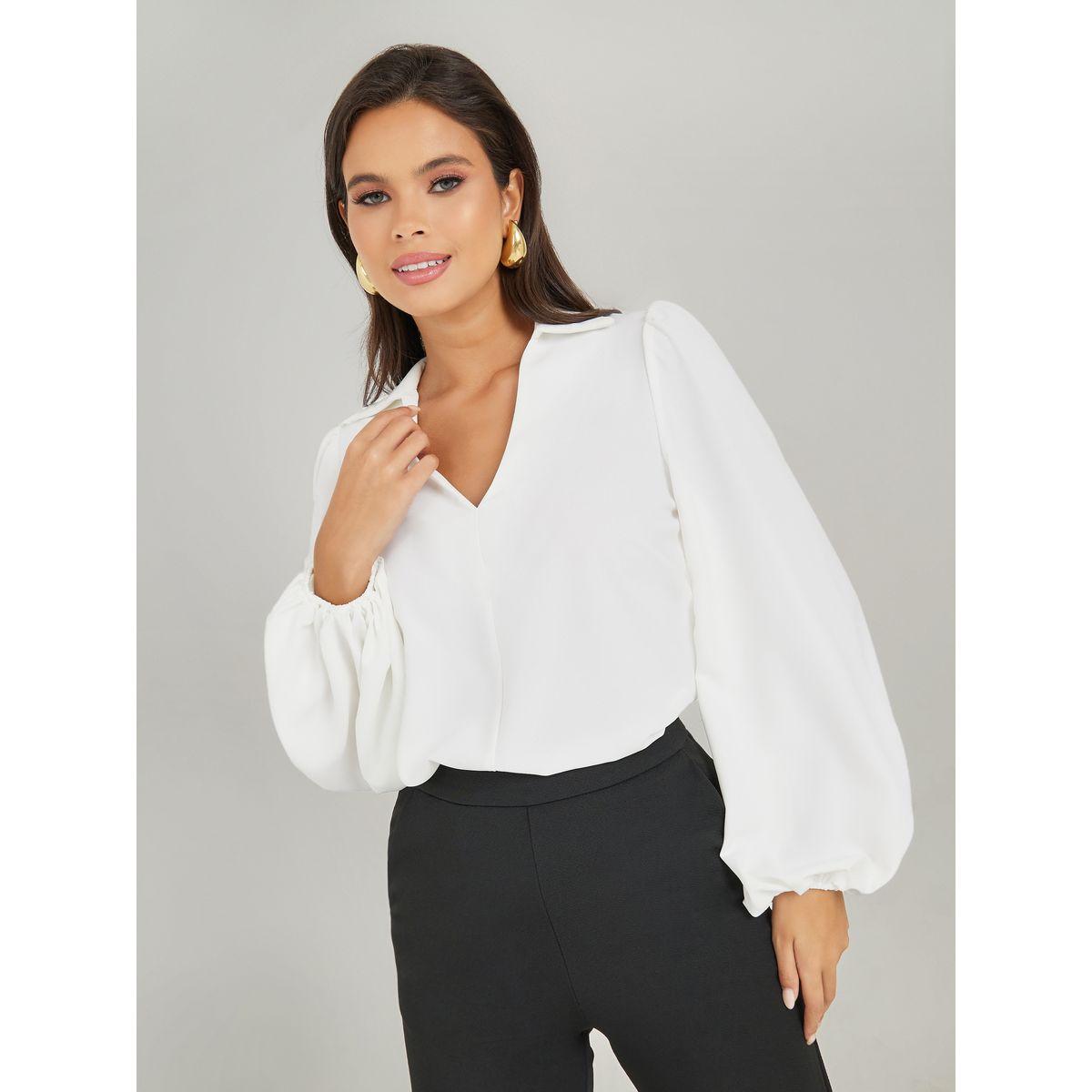 Styli V Neck Cutaway Collar Balloon Sleeves Shirt-women-clothing-shirtsandblouses-shirts-image-1
