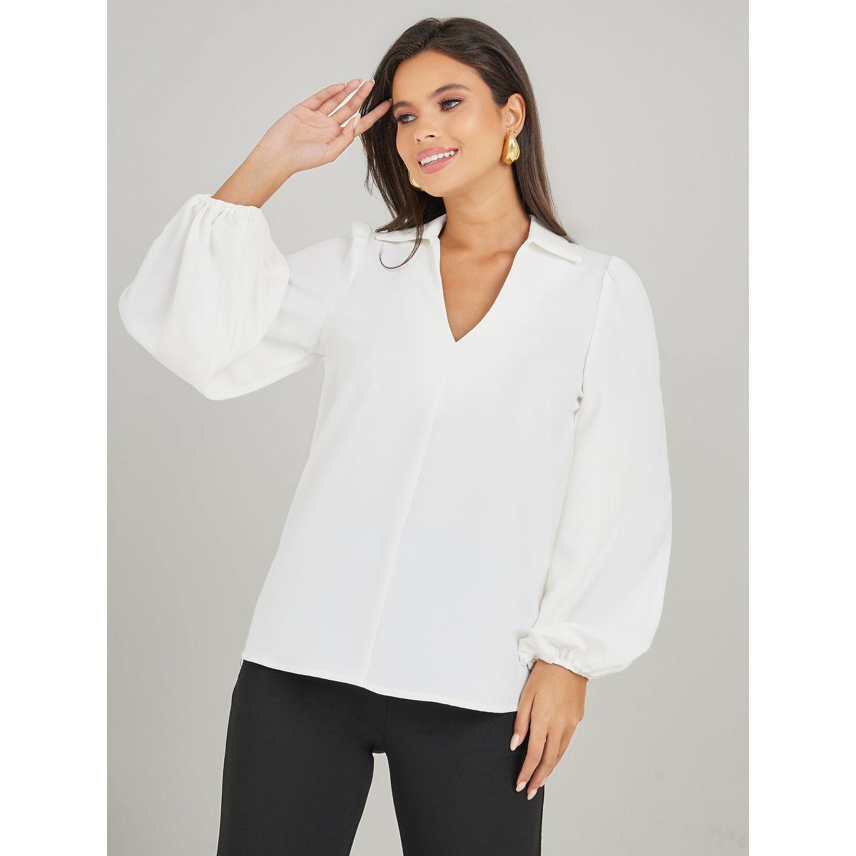 Styli V Neck Cutaway Collar Balloon Sleeves Shirt-women-clothing-shirtsandblouses-shirts-image-3