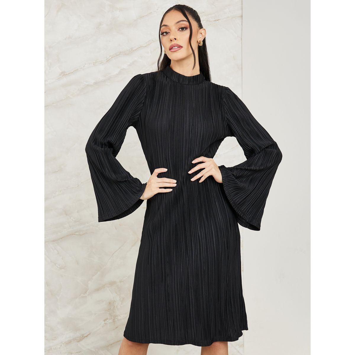 فستان بليسيه بطول الركبة واكمام جرس-women-clothing-dresses-image-1
