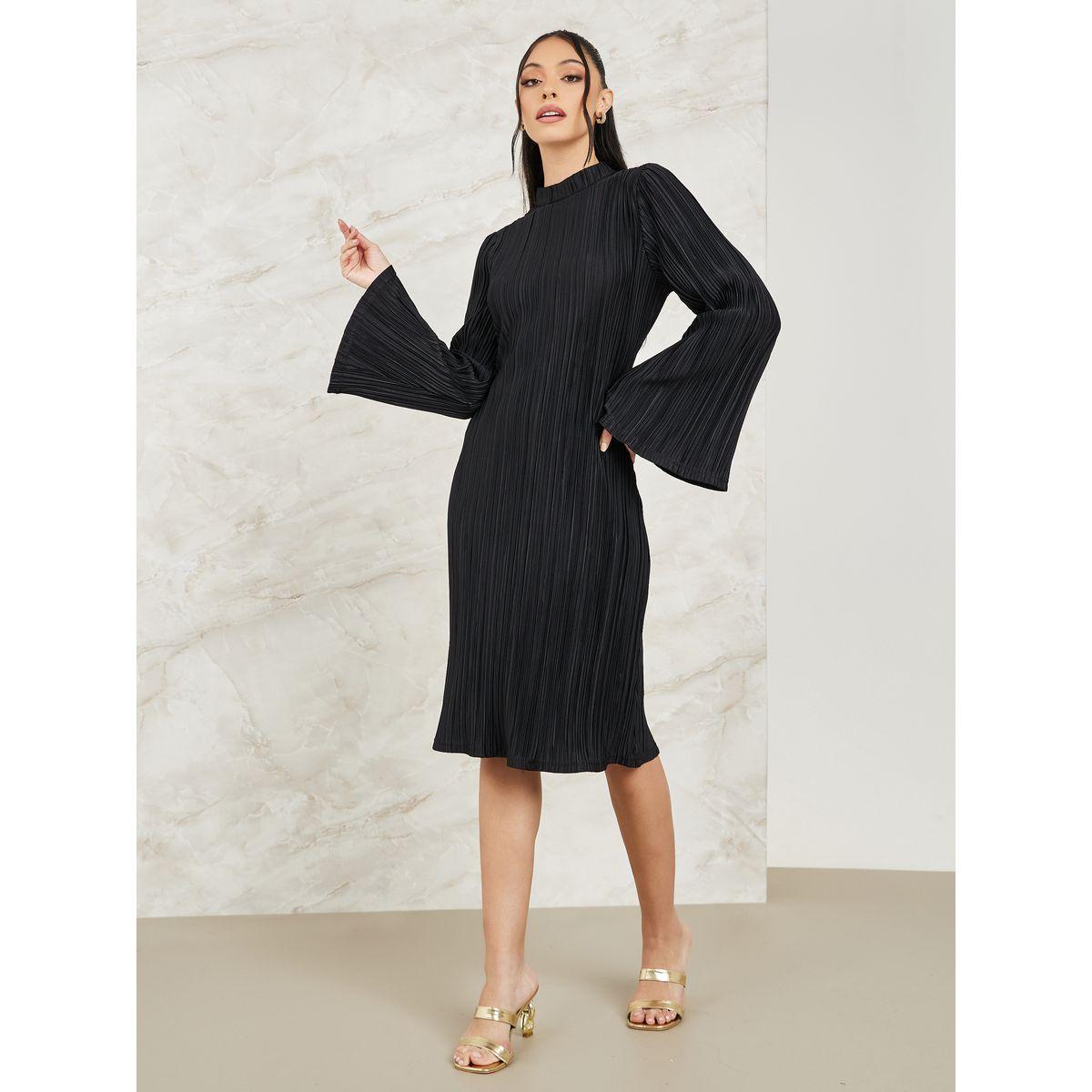 Styli Plisse Knee Length Dress with Bell Sleeve-women-clothing-dresses-image-2