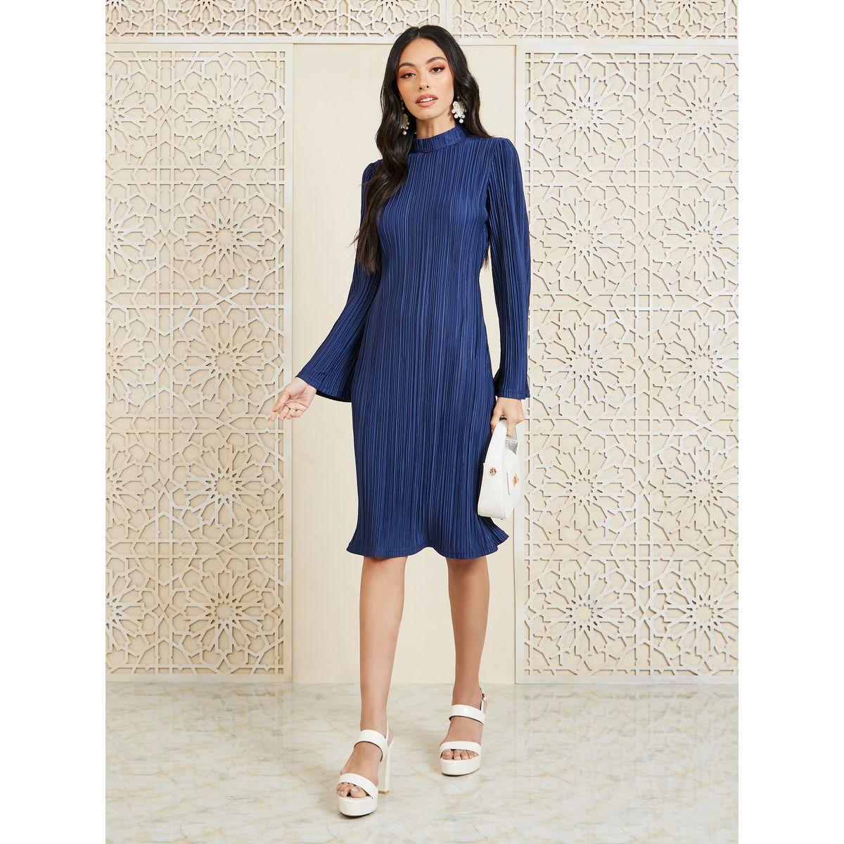 Styli Plisse Knee Length Dress with Bell Sleeve-women-clothing-dresses-image-2