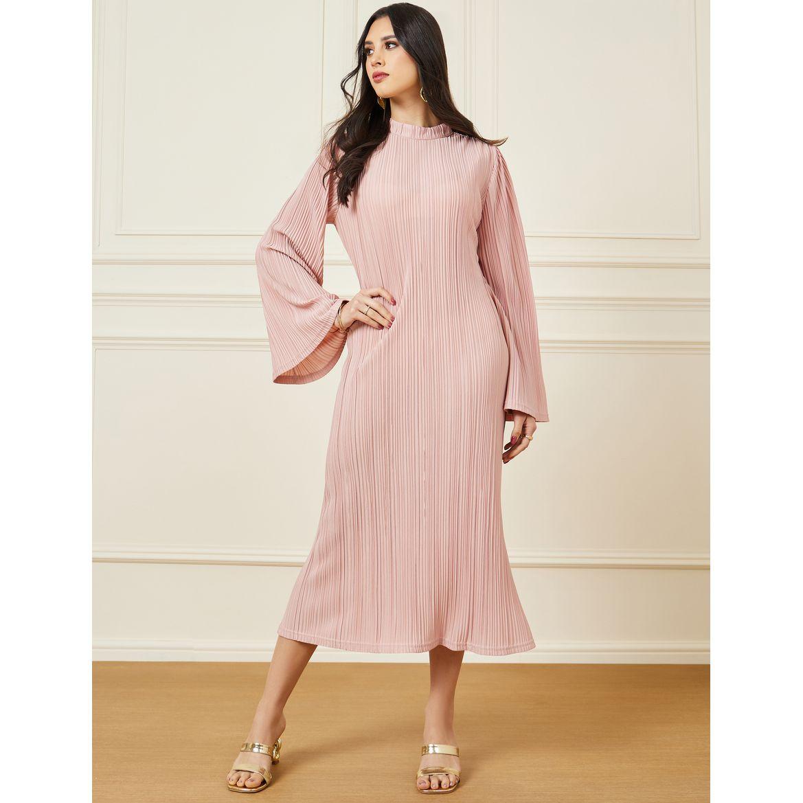 Styli Plisse Shift Midi Dress with Flute Sleeve-women-clothing-dresses-image-1