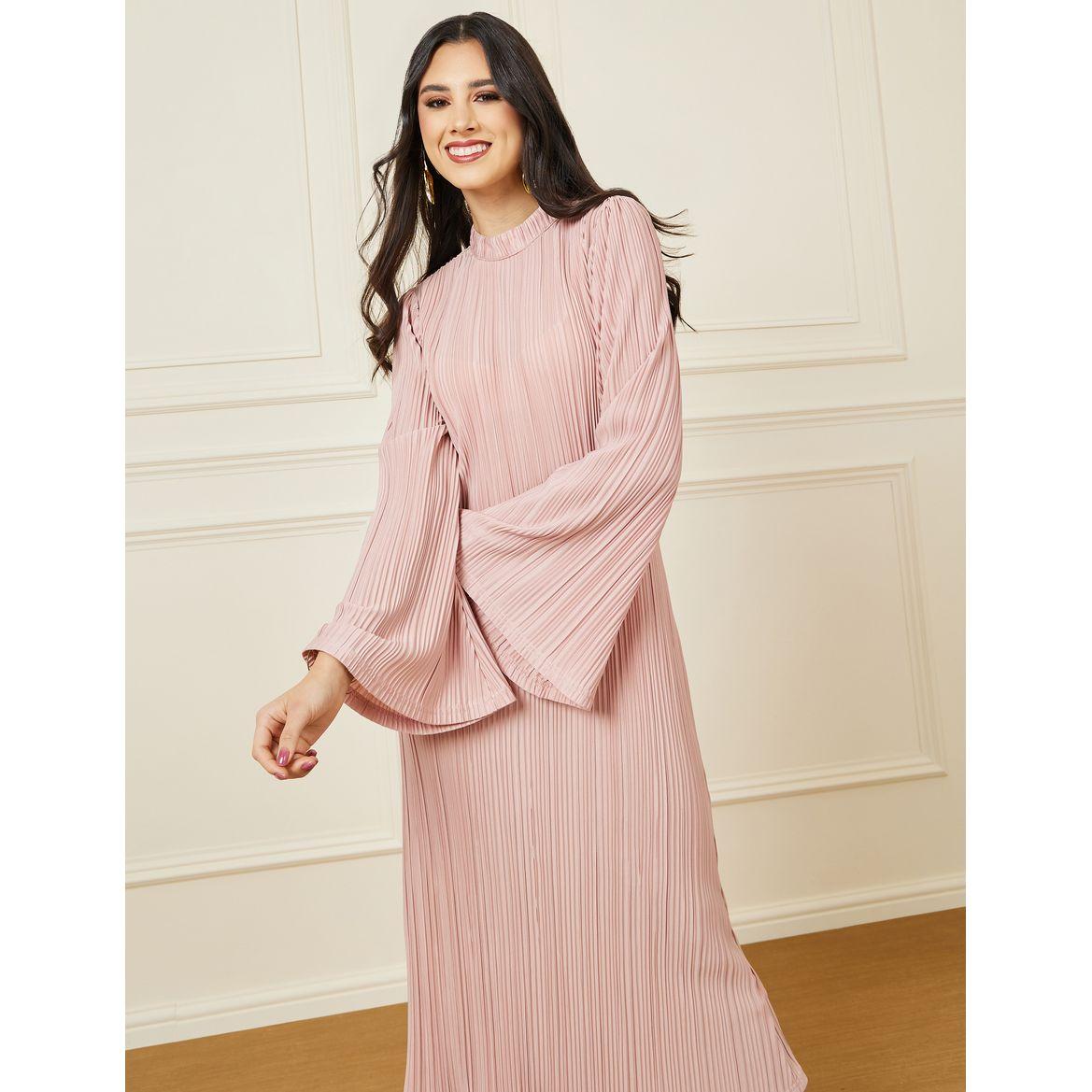 Styli Plisse Shift Midi Dress with Flute Sleeve-women-clothing-dresses-image-2