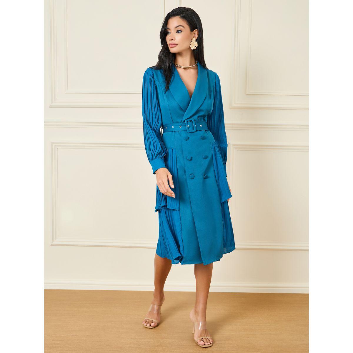 Styli Pleated Detail Belted Blazer Midi Dress-women-clothing-dresses-image-1