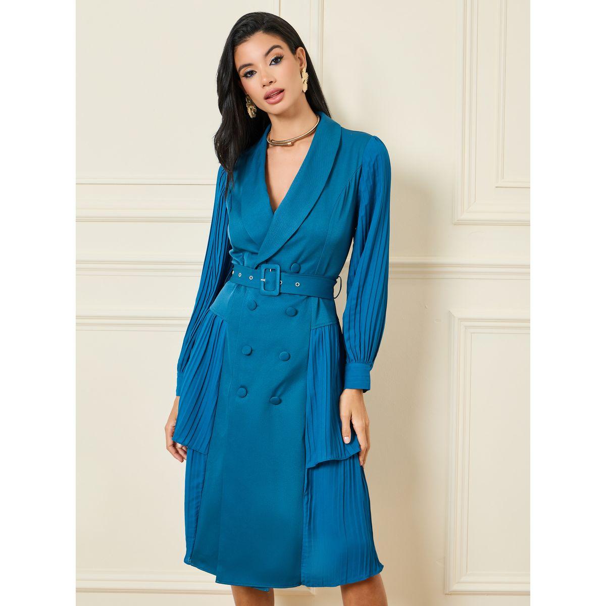 Styli Pleated Detail Belted Blazer Midi Dress-women-clothing-dresses-image-2