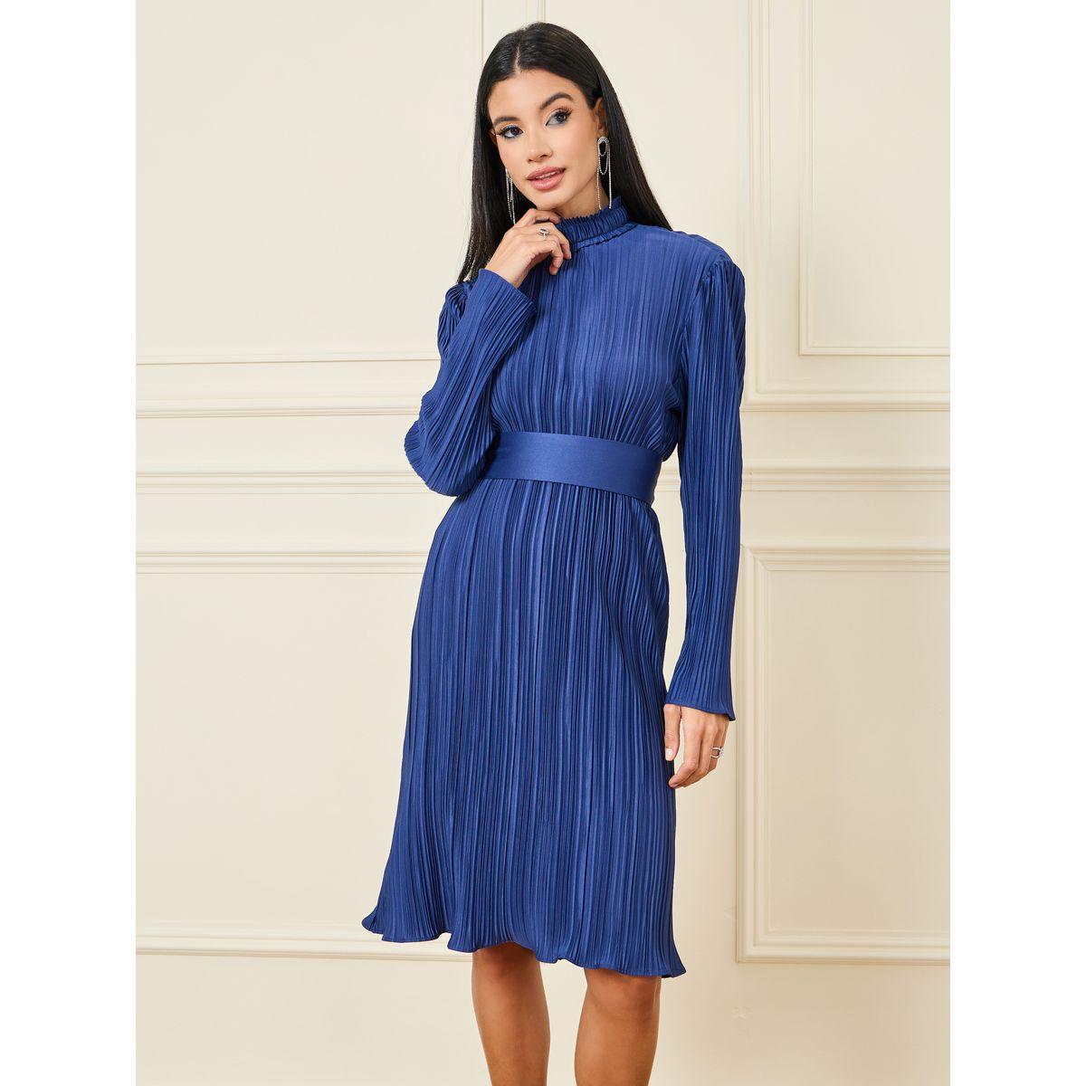 Styli Accordion Pleated High Neck Knee Length Dress with Back Bow Tie-women-clothing-dresses-image-2