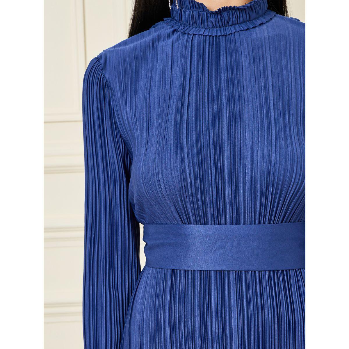 Styli Accordion Pleated High Neck Knee Length Dress with Back Bow Tie-women-clothing-dresses-image-3