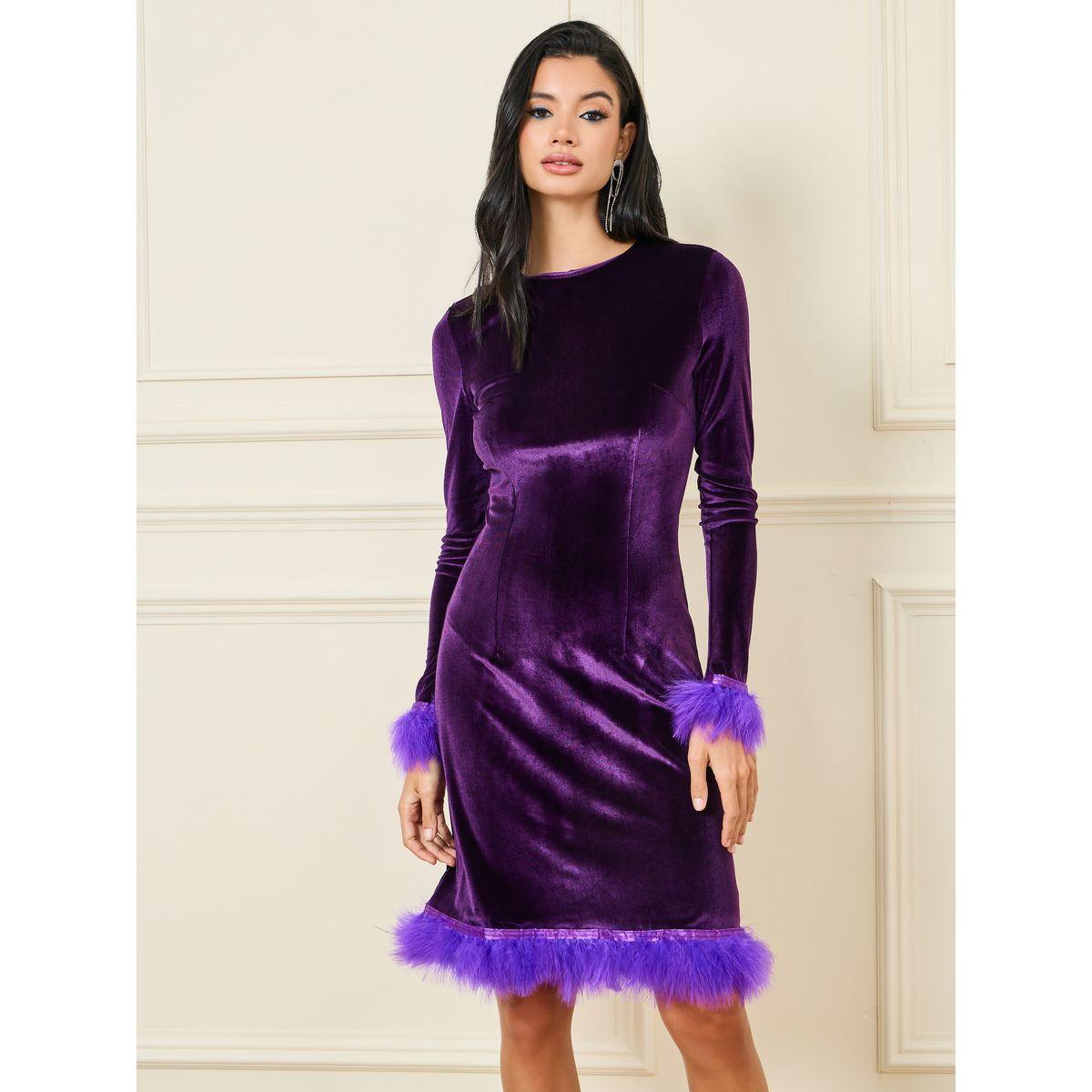 Styli Velvet Faux Fur Trim Shift Knee Length Dress-women-clothing-dresses-image-2