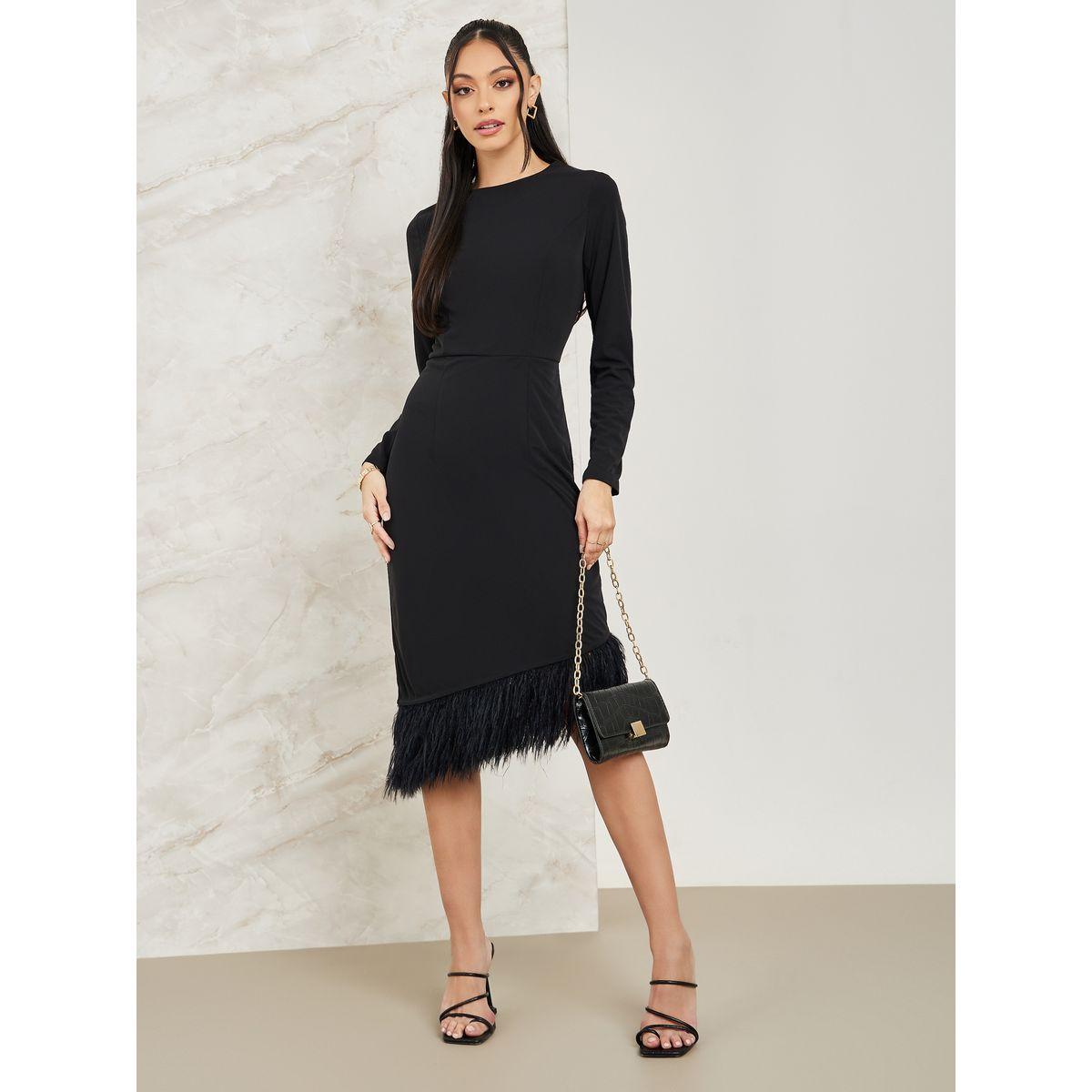 فستان بطول الركبة مزين بريش صناعي-women-clothing-dresses-image-1