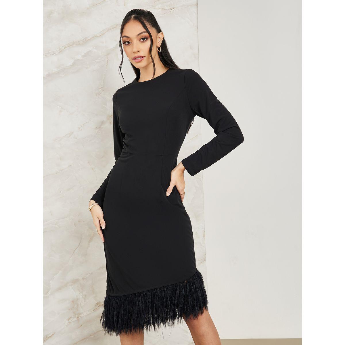 فستان بطول الركبة مزين بريش صناعي-women-clothing-dresses-image-2
