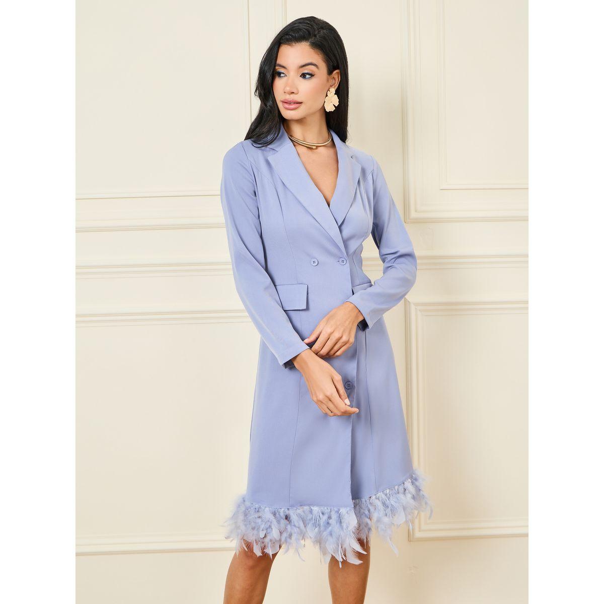 Styli Faux Feather Hem Blazer Knee Length Dress-women-clothing-dresses-image-2