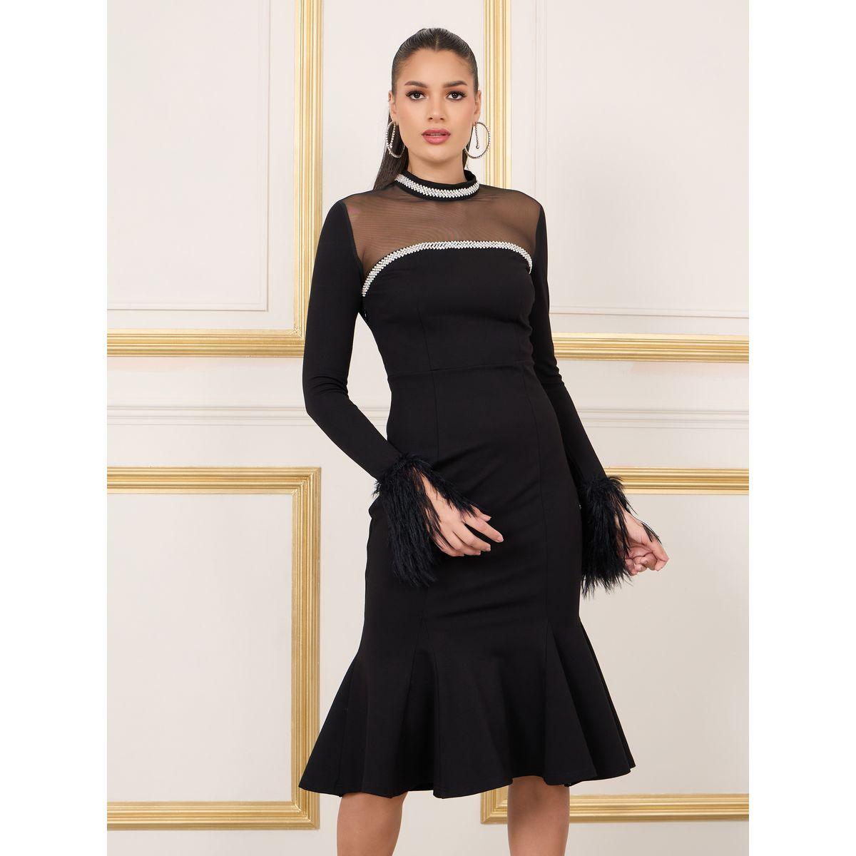 فستان بديكون بياقة عالية وريش صناعي-women-clothing-dresses-image-2