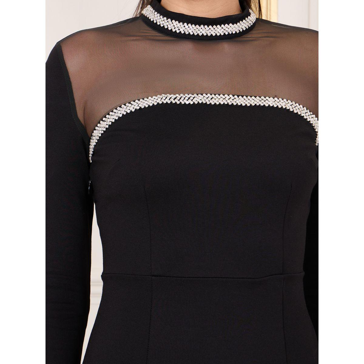 فستان بديكون بياقة عالية وريش صناعي-women-clothing-dresses-image-3