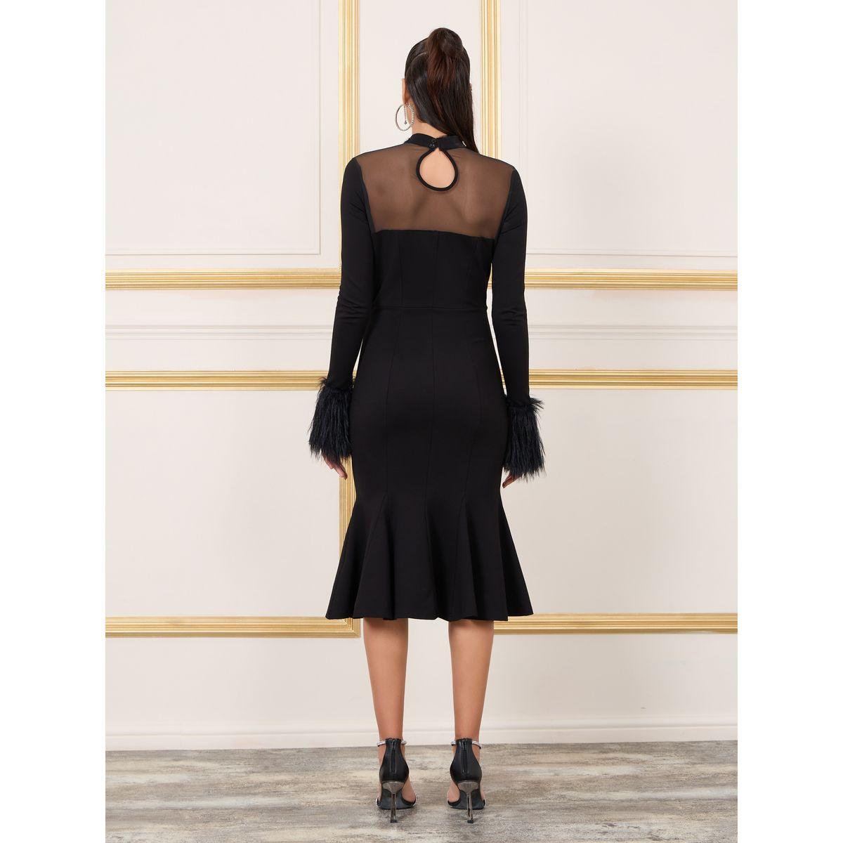 فستان بديكون بياقة عالية وريش صناعي-women-clothing-dresses-image-4