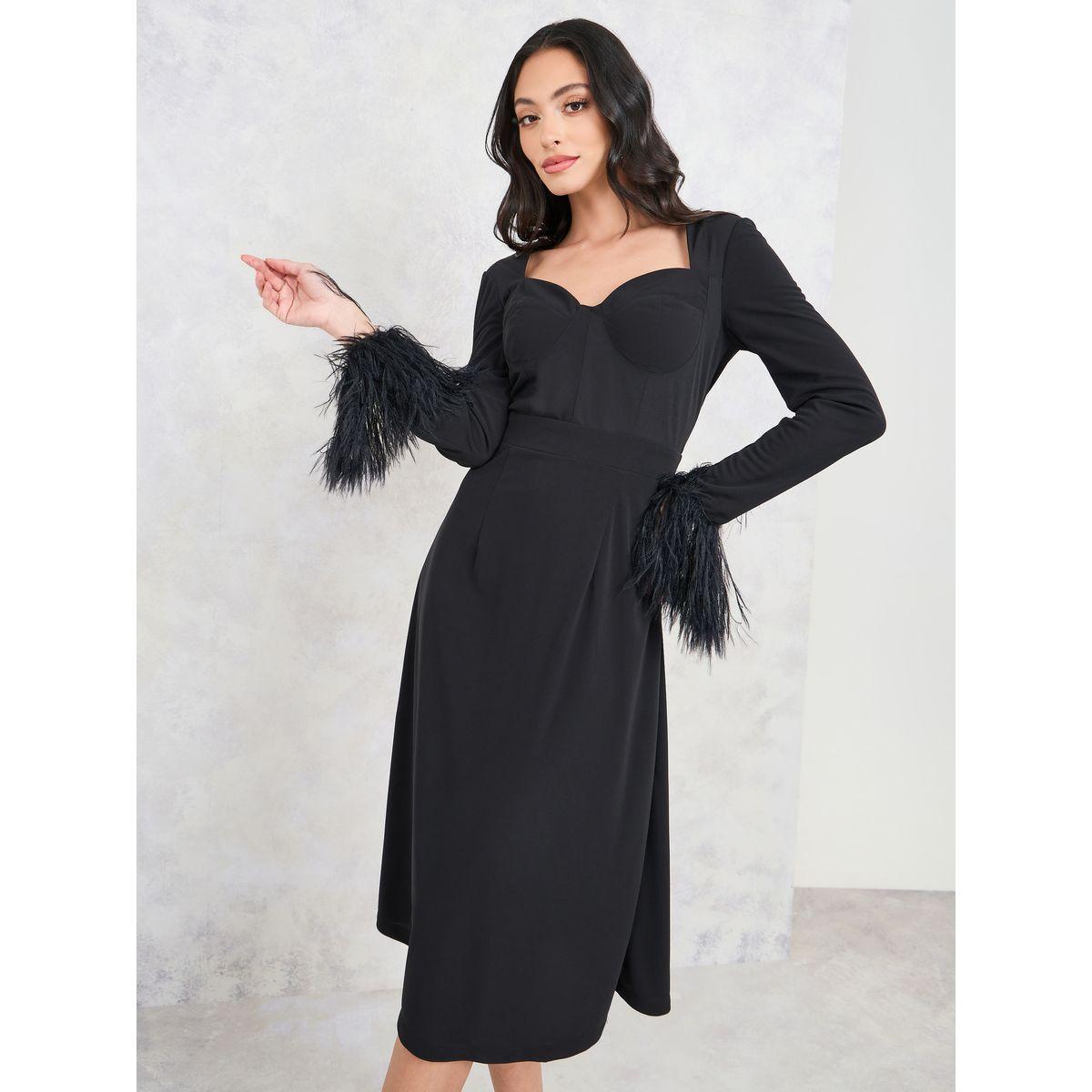 Styli Faux Feather Trim Sleeves Sweetheart Neck Sheath Midi Dress-women-clothing-dresses-image-1
