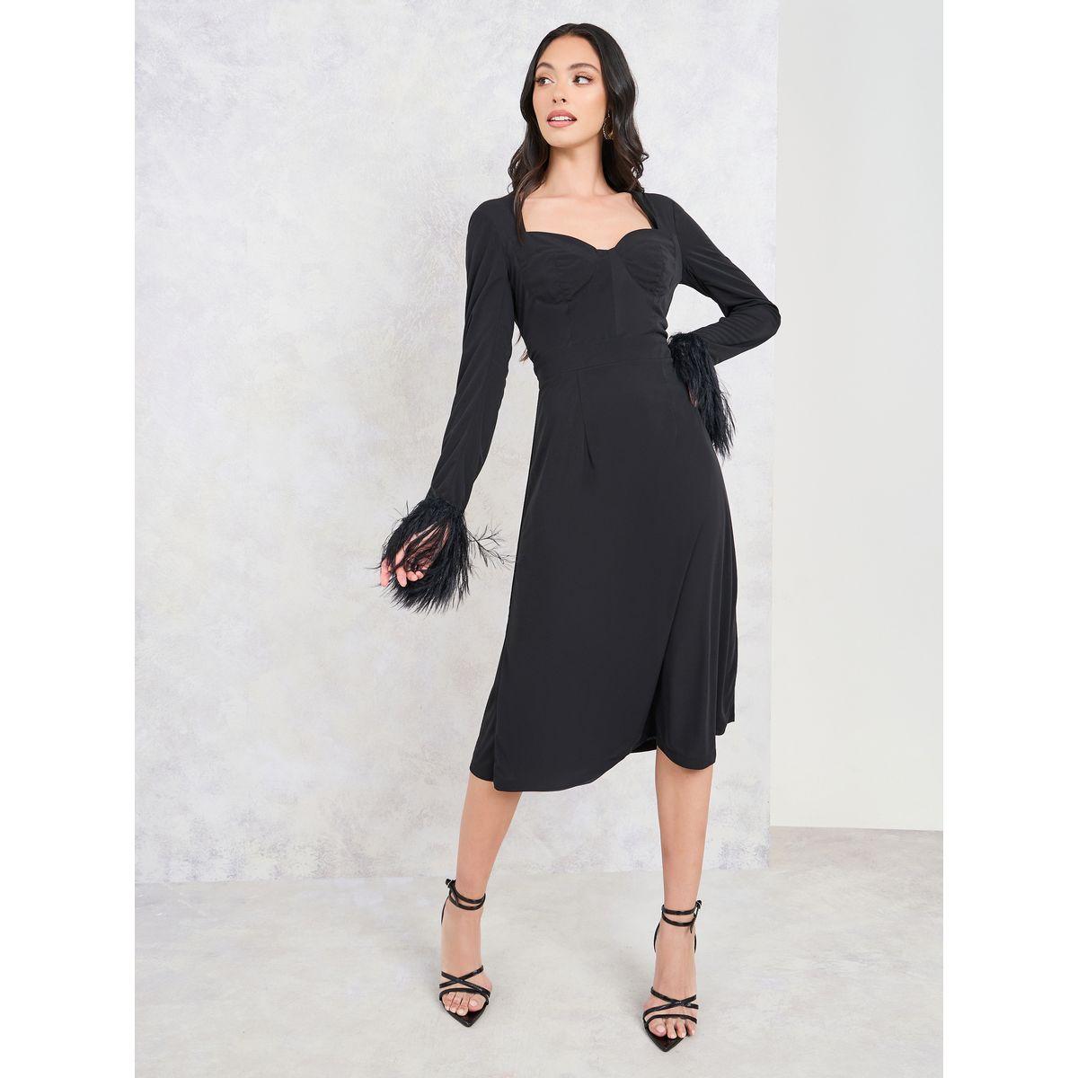 Styli Faux Feather Trim Sleeves Sweetheart Neck Sheath Midi Dress-women-clothing-dresses-image-2