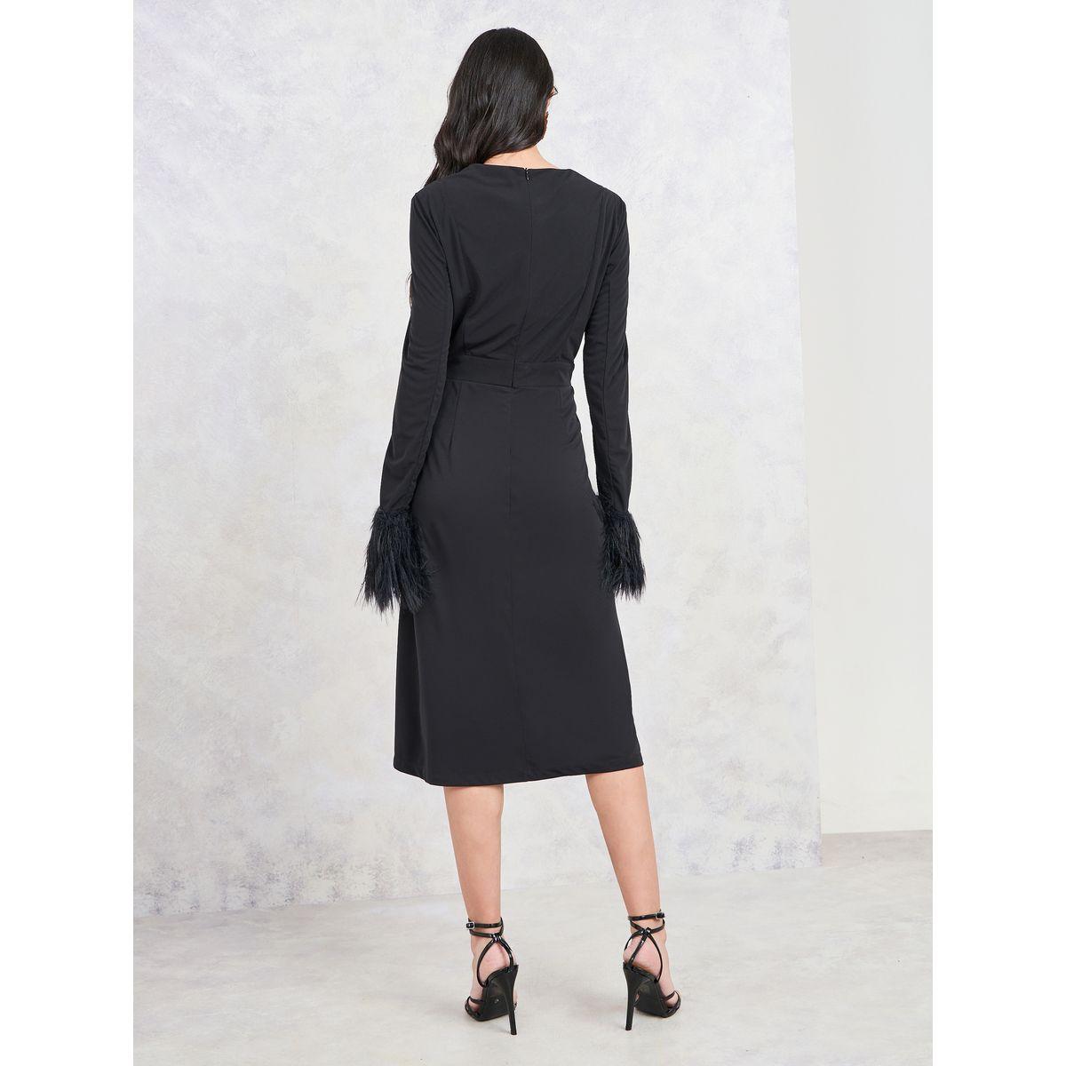 Styli Faux Feather Trim Sleeves Sweetheart Neck Sheath Midi Dress-women-clothing-dresses-image-4