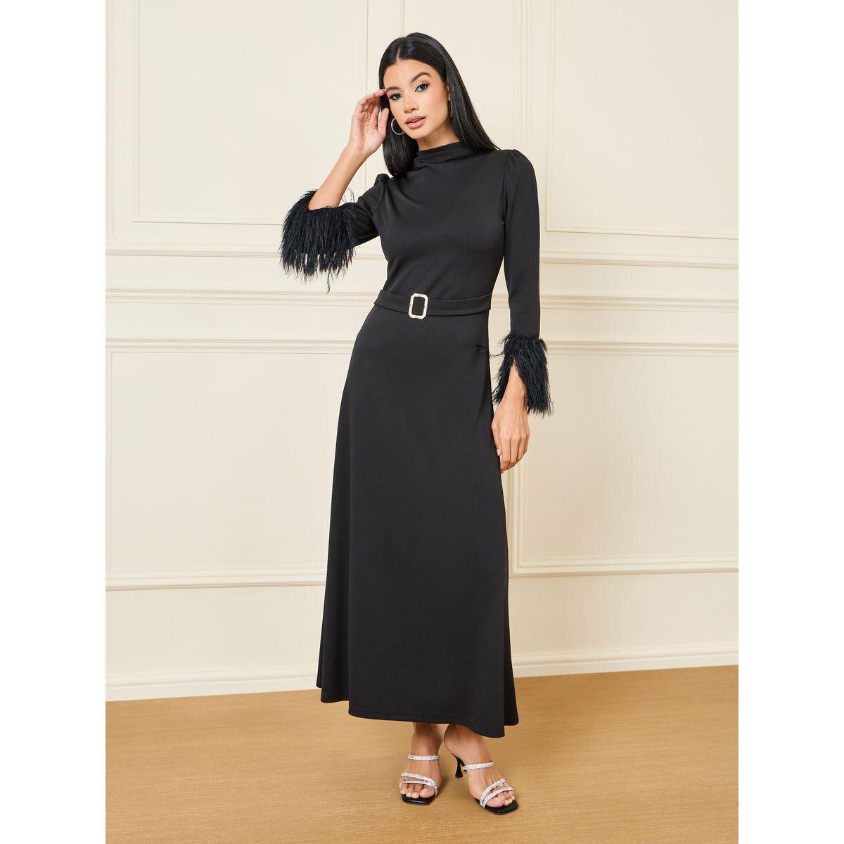 فستان طويل مزين بريش صناعي-women-clothing-dresses-image-1
