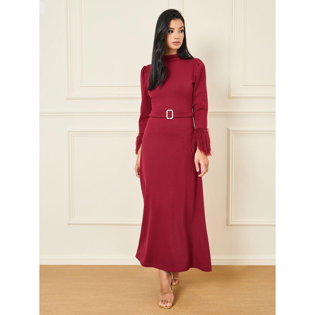 فستان طويل مزين بريش صناعي-women-clothing-dresses-image-1