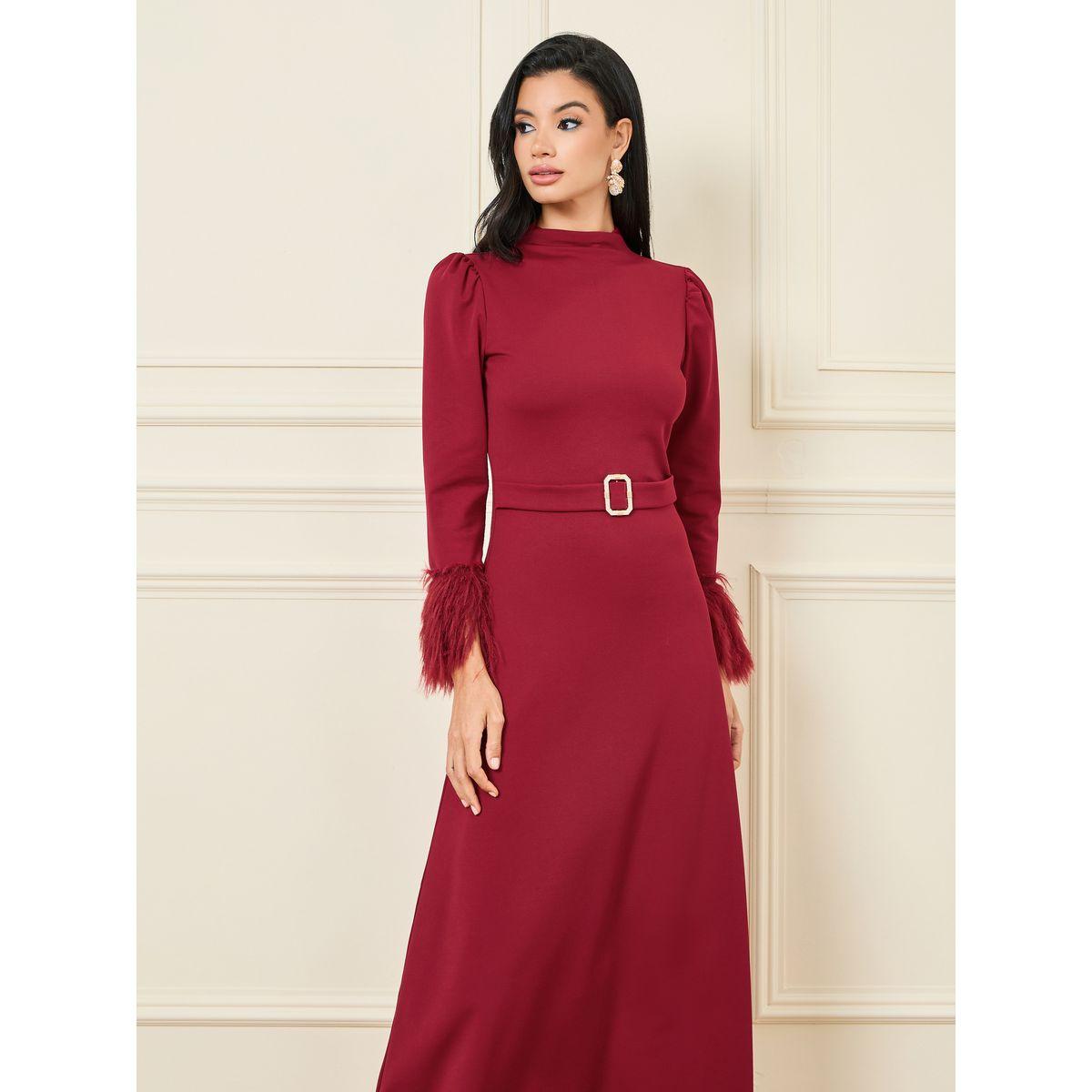 Styli Faux Feather Trim A-Line Maxi Dress with Embellished Buckle-women-clothing-dresses-image-2