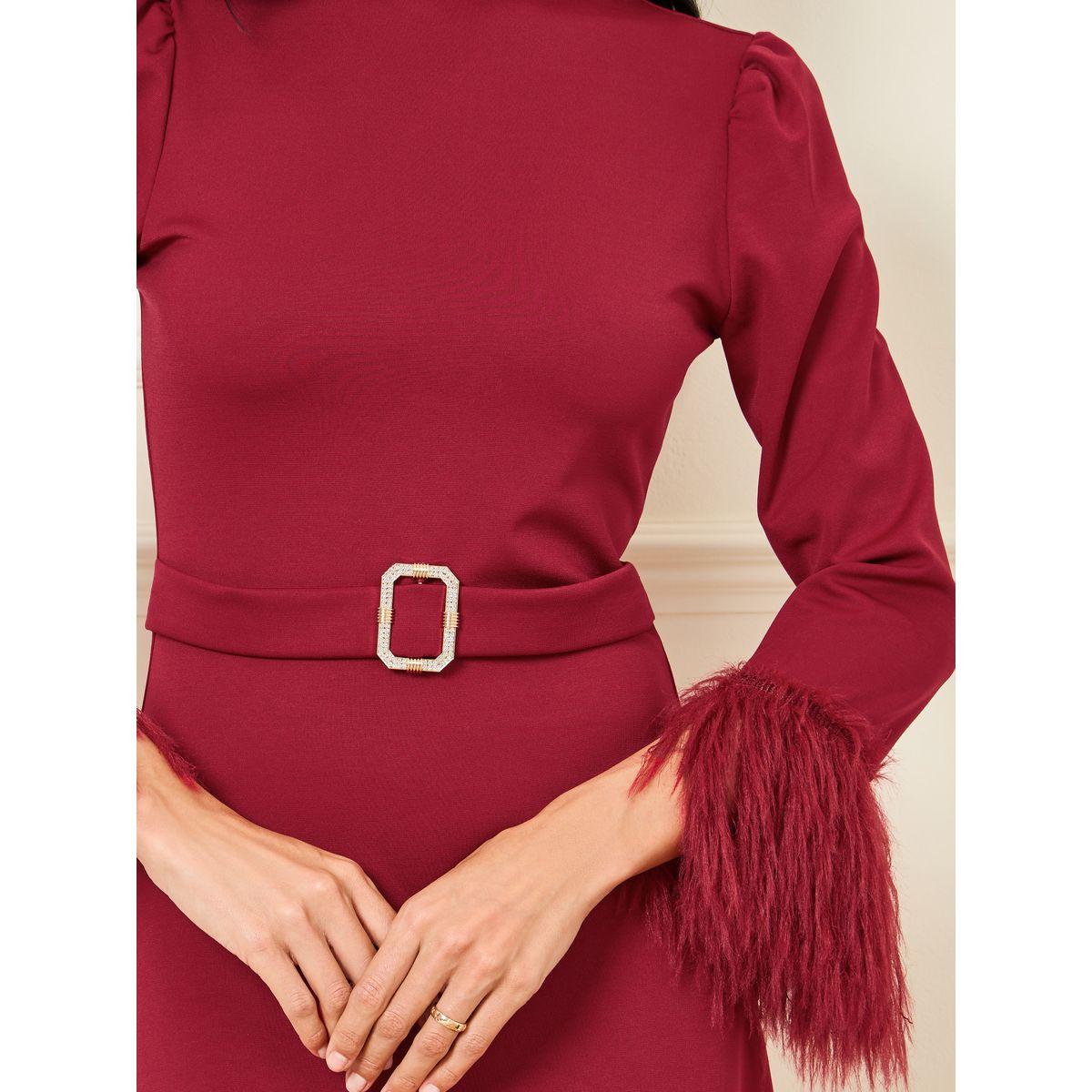 Styli Faux Feather Trim A-Line Maxi Dress with Embellished Buckle-women-clothing-dresses-image-3