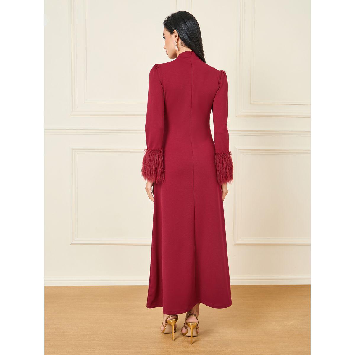 Styli Faux Feather Trim A-Line Maxi Dress with Embellished Buckle-women-clothing-dresses-image-4