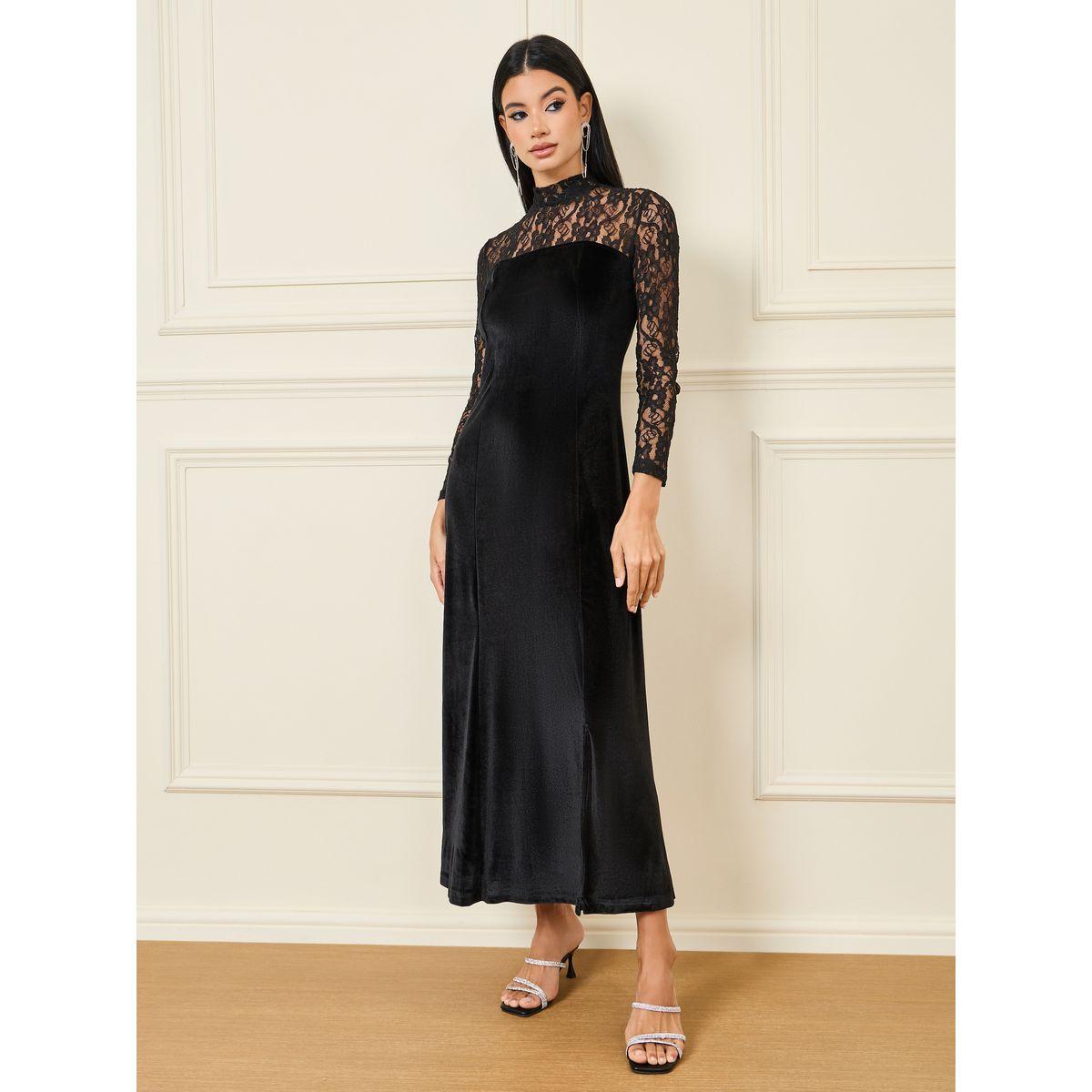 Styli Velvet Lace Sheer High Neck Sheath Maxi Dress-women-clothing-dresses-image-1