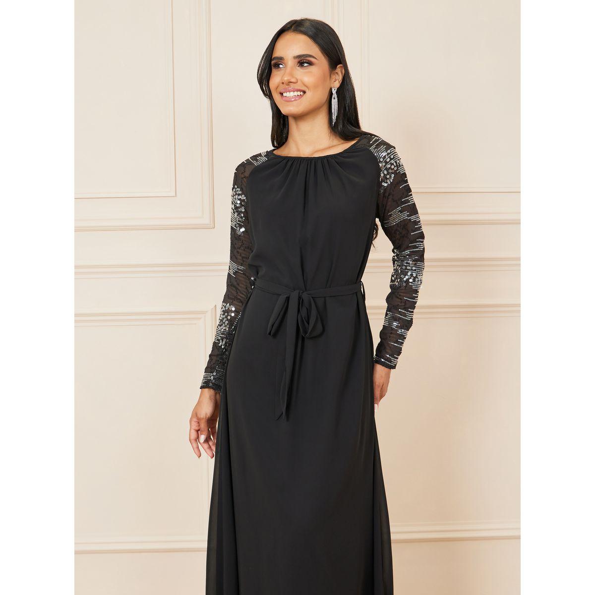 Styli Sequined Detail Long Sleeves Self Tie Up A-Line Maxi Dress-women-clothing-dresses-image-1