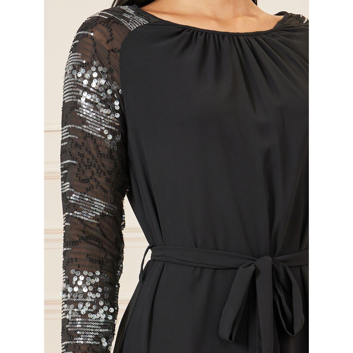 Styli Sequined Detail Long Sleeves Self Tie Up A-Line Maxi Dress-women-clothing-dresses-image-2
