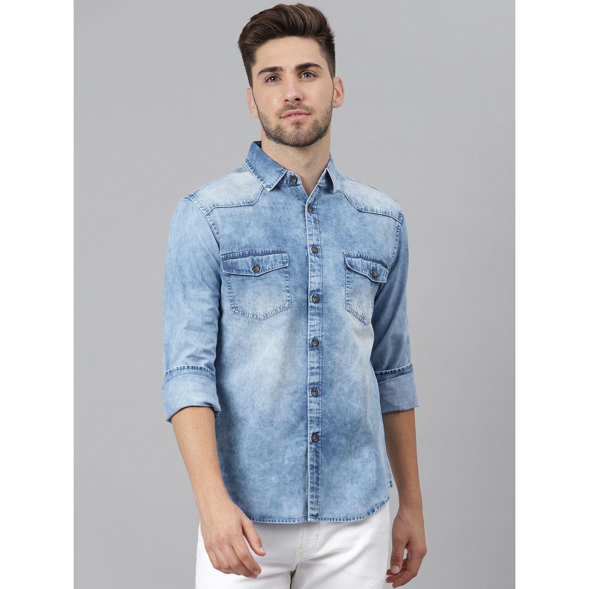 Dennis Lingo Washed Denim Casual Shirt with Flap Pockets-men-clothing-shirts-image-1
