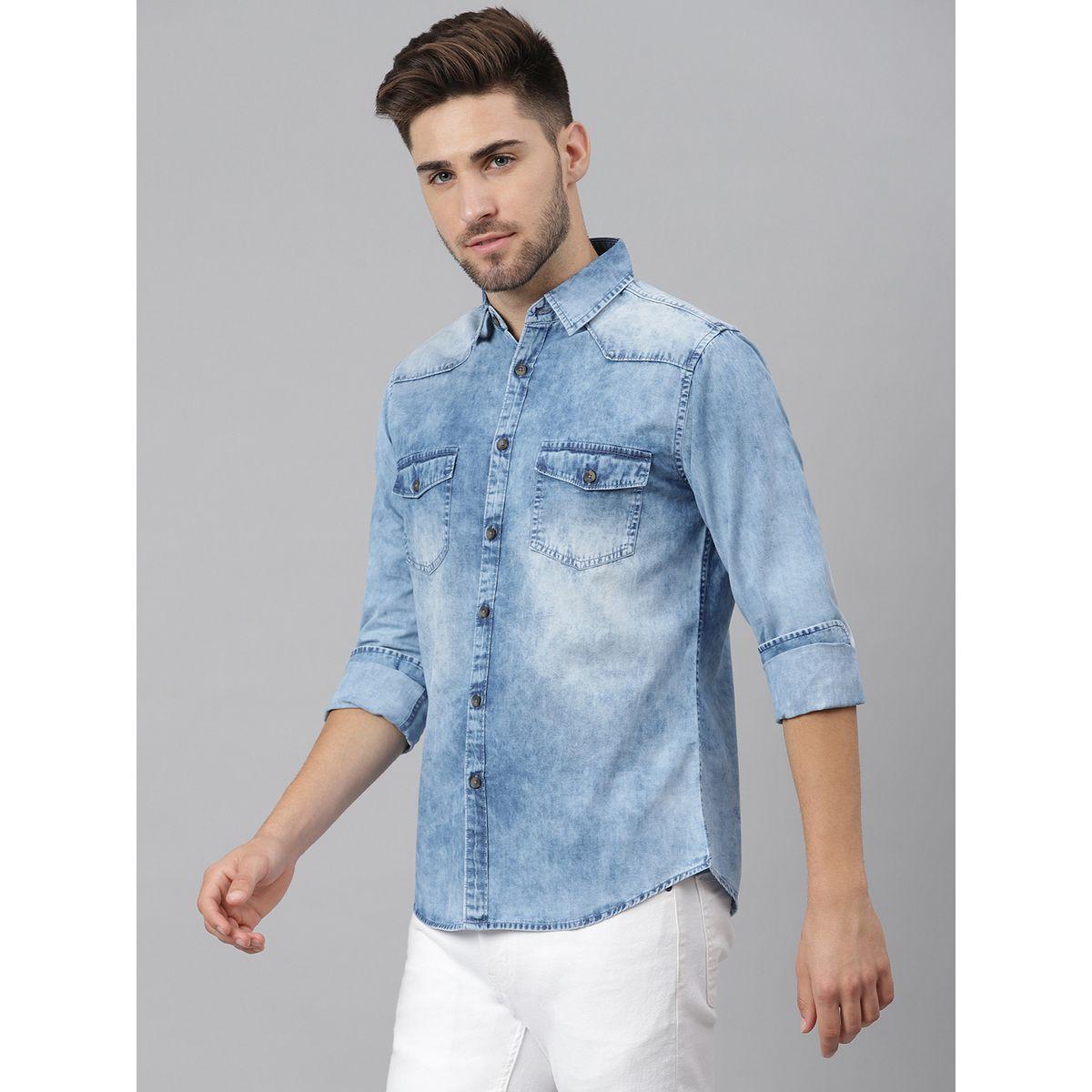 Dennis Lingo Washed Denim Casual Shirt with Flap Pockets-men-clothing-shirts-image-2