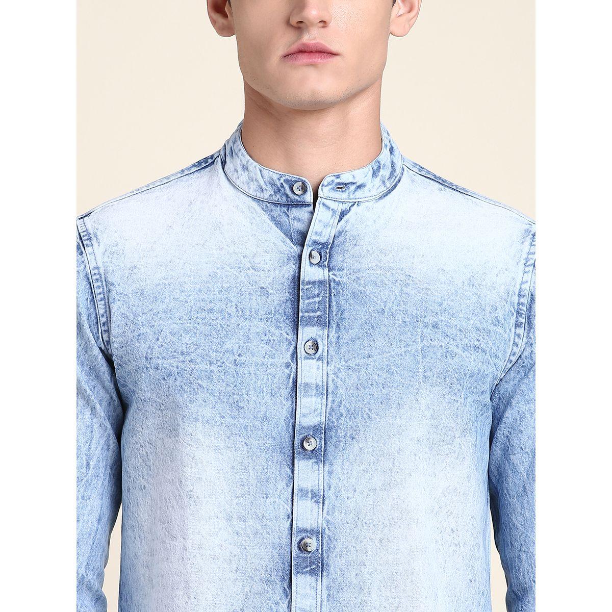 Dennis Lingo X Styli Faded Mandarin Collar Slim Fit Denim Shirt-men-clothing-shirts-image-3