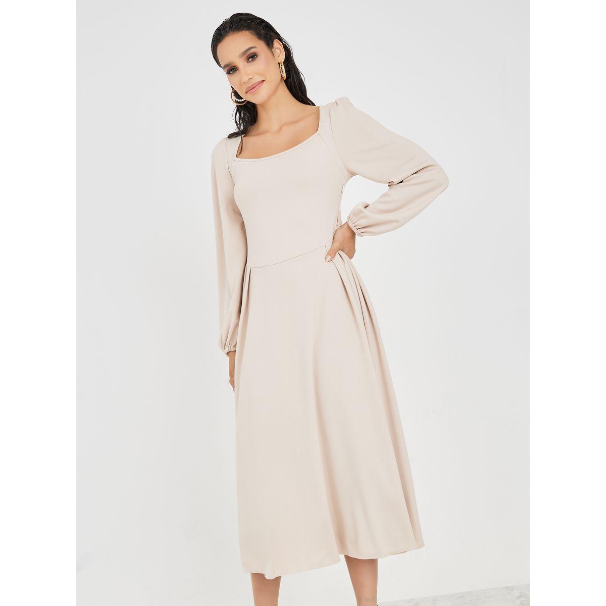 Styli Square Neck A-Line Midi Dress with Pleats-women-clothing-dresses-image-2