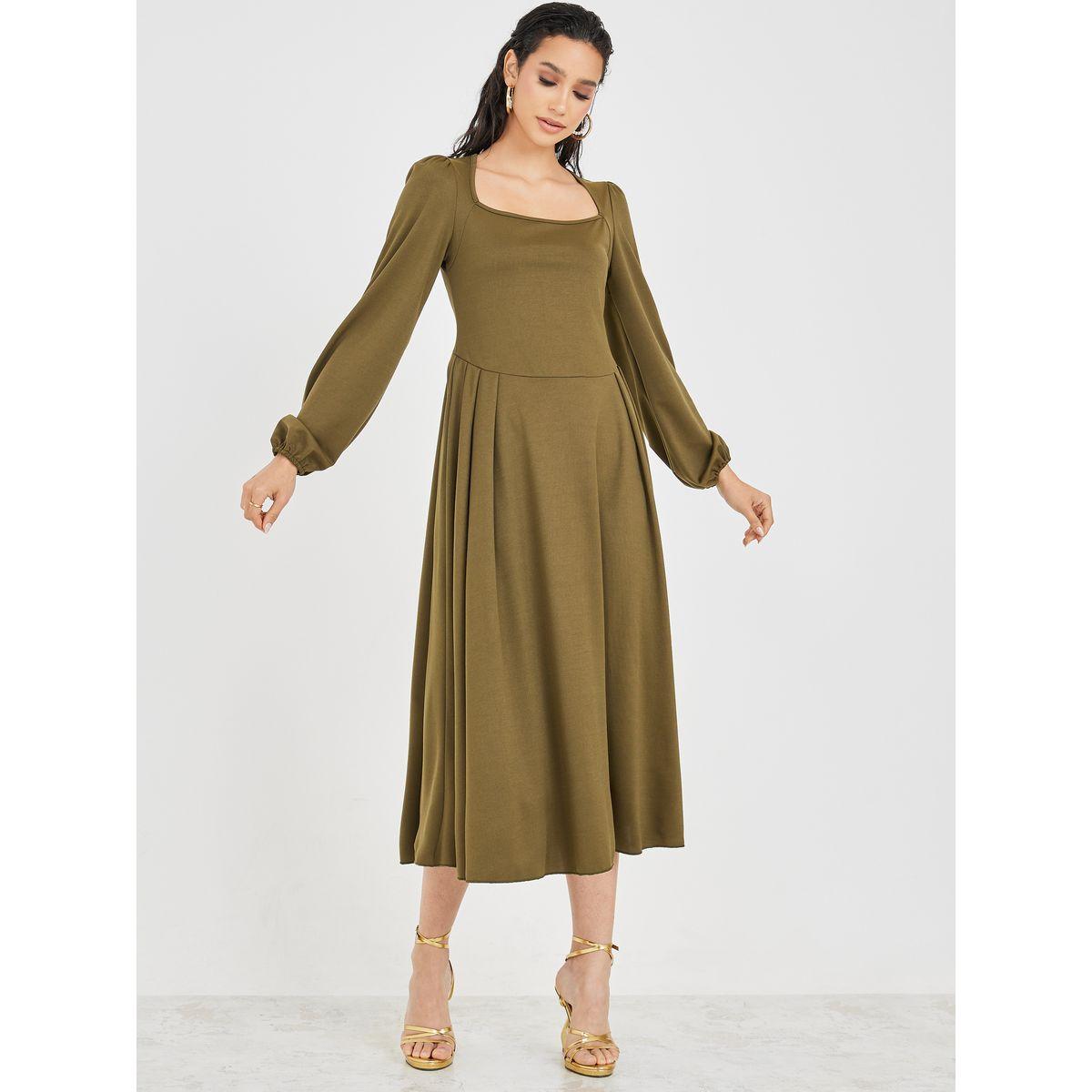 Styli Square Neck A-Line Midi Dress with Pleats-women-clothing-dresses-image-1