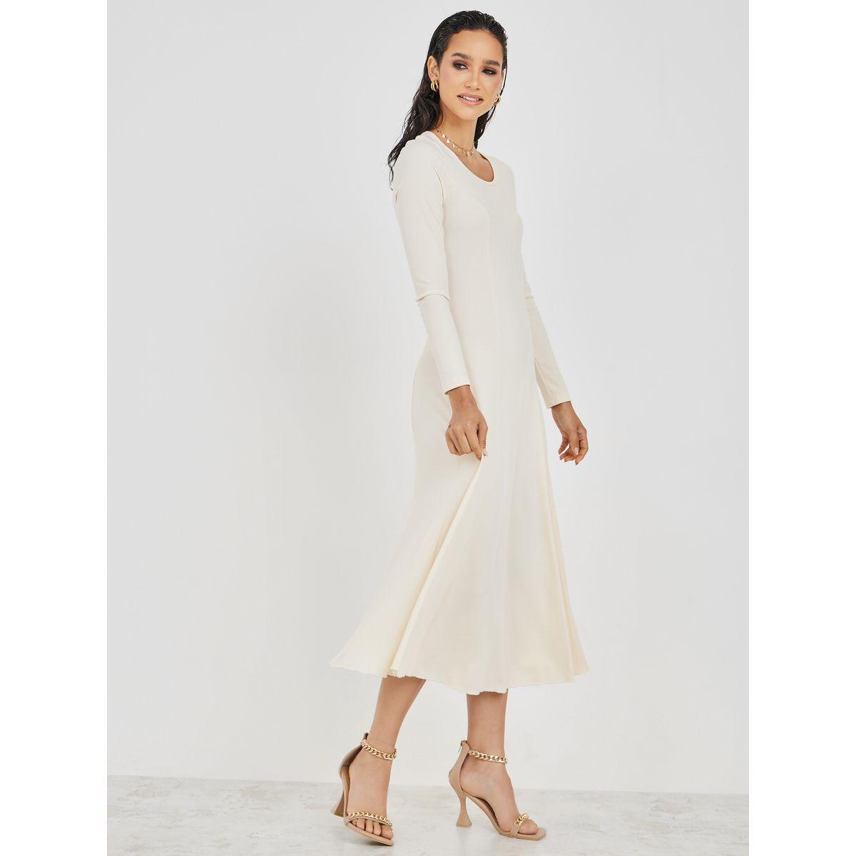 Styli Solid Ribbed Round Neck Flare Midi Dress-women-clothing-dresses-image-1