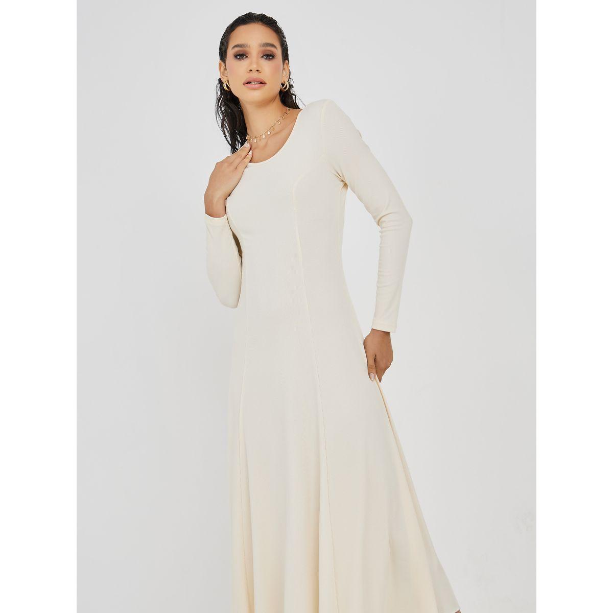 Styli Solid Ribbed Round Neck Flare Midi Dress-women-clothing-dresses-image-2