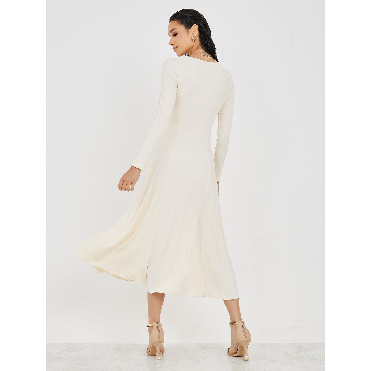 Styli Solid Ribbed Round Neck Flare Midi Dress-women-clothing-dresses-image-4