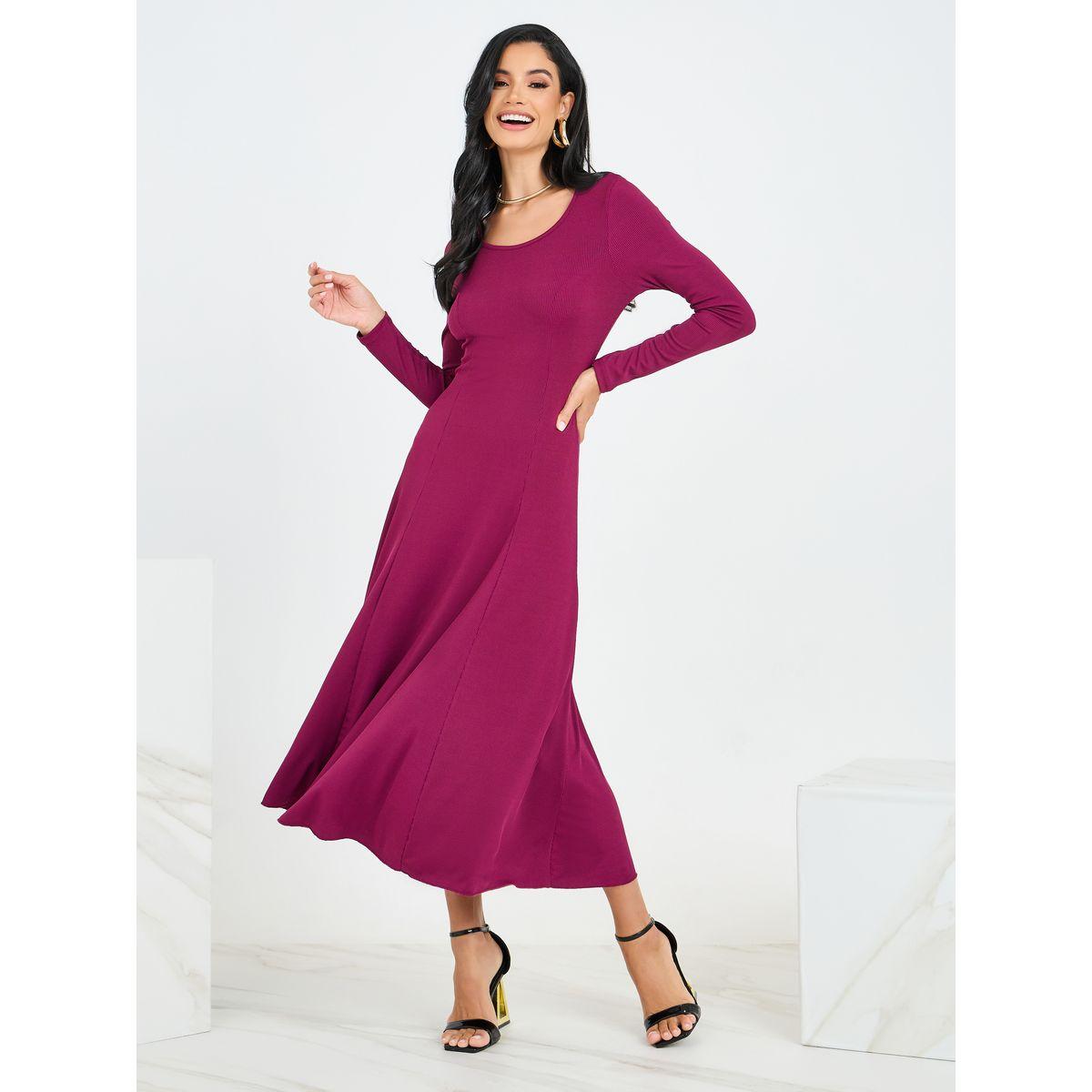 Styli Solid Ribbed Round Neck Flare Midi Dress-women-clothing-dresses-image-1