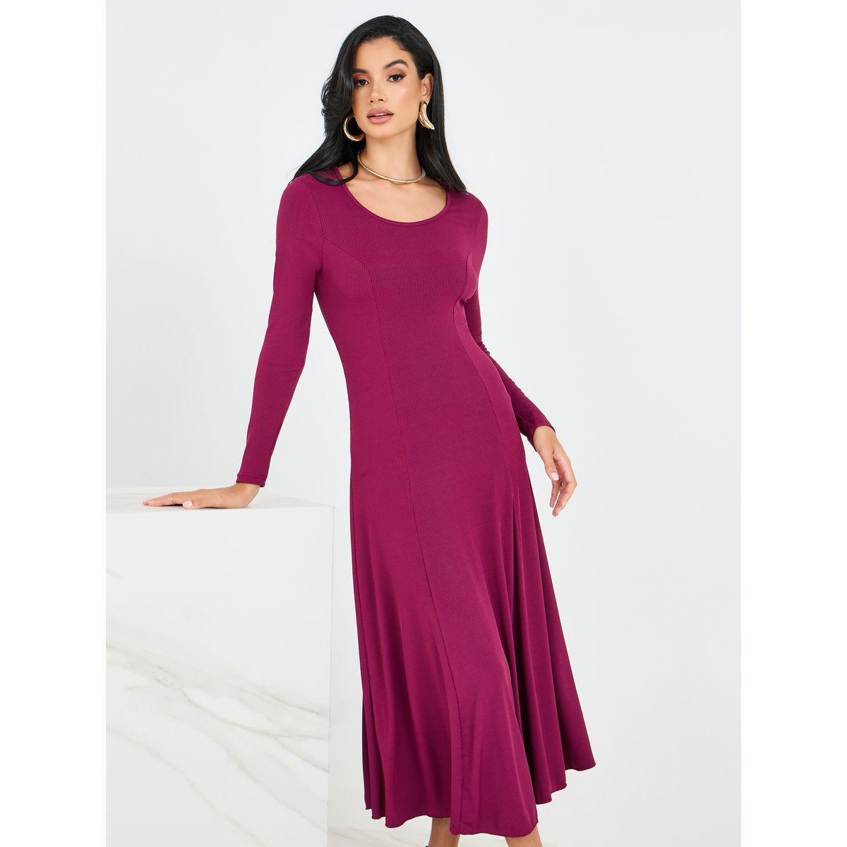 فستان ميدي سادة بياقة دائرية-women-clothing-dresses-image-2