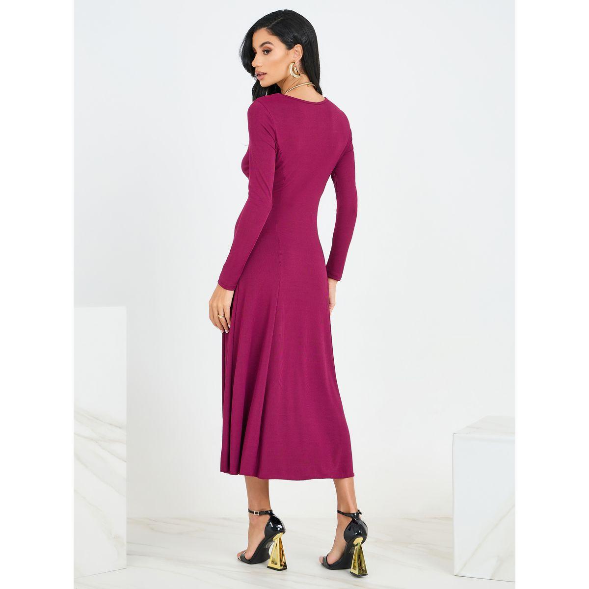 فستان ميدي سادة بياقة دائرية-women-clothing-dresses-image-4