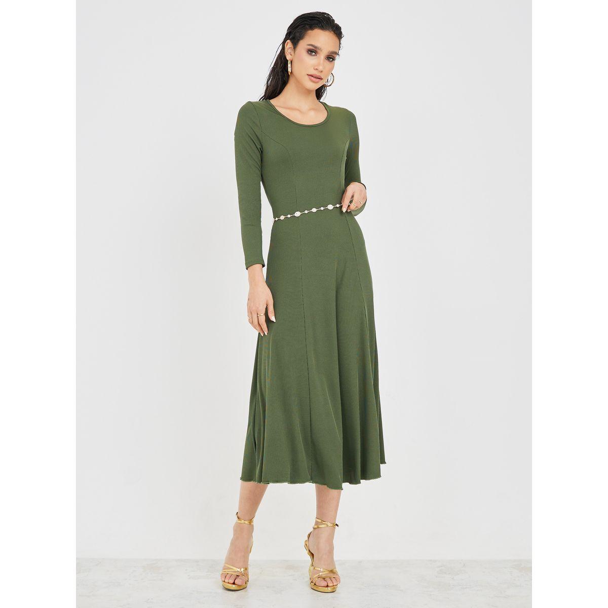 فستان ميدي سادة بياقة دائرية-women-clothing-dresses-image-1
