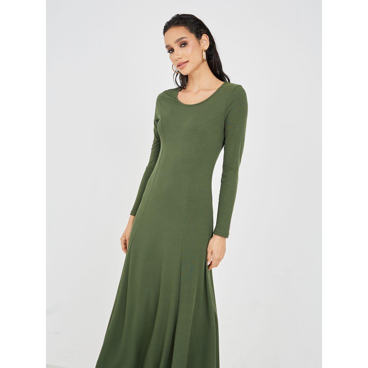 Styli Solid Ribbed Round Neck Flare Midi Dress-women-clothing-dresses-image-2